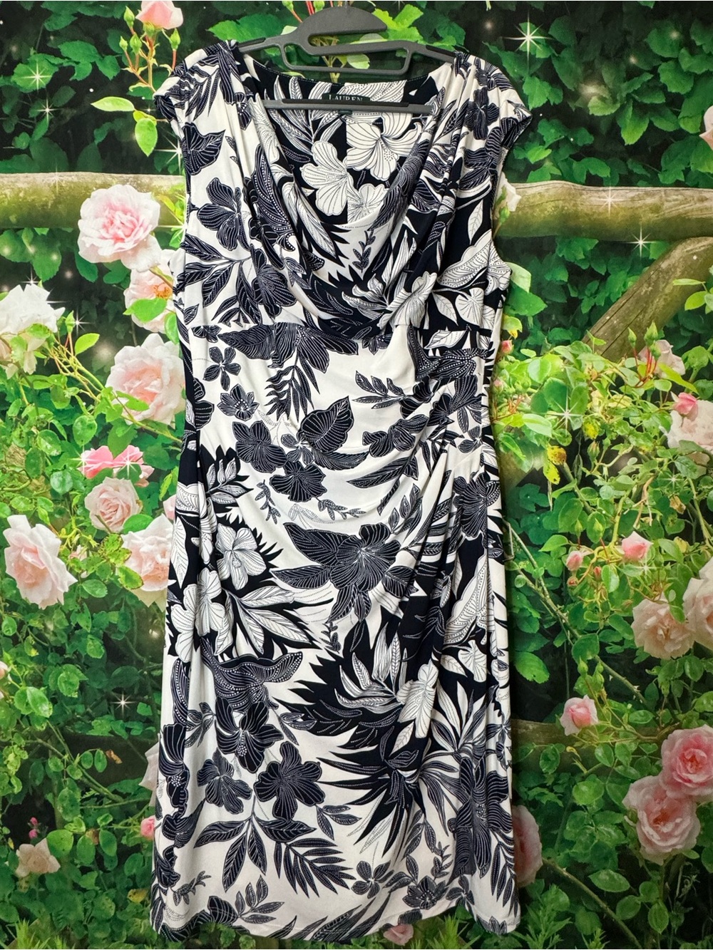 Ralph Lauren Navy Blue and White Floral Draped Midi Dress